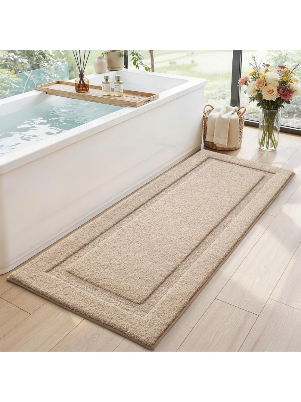 Ultra Soft Non-Slip Bathroom Runner Rug 24x60 - Beige Bath Mat for Home Decor